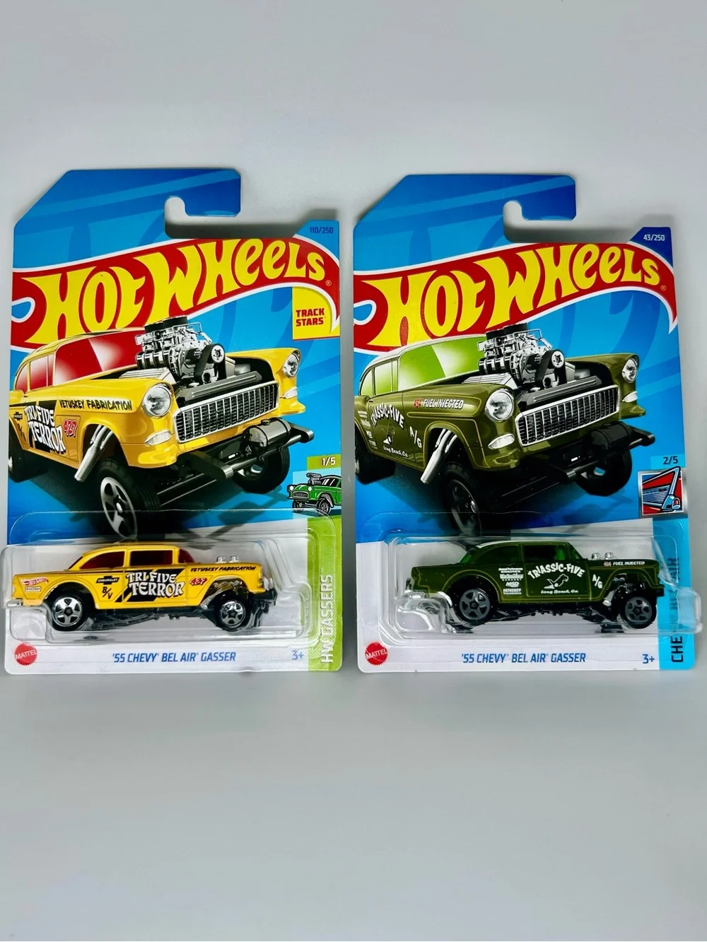 Hot Wheels Chevy Lot of 2x - ‘55 Chevy Bel Air Gasser Green & Yellow HW Gassers